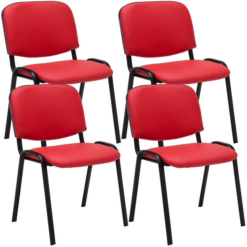 Lot de 4 chaises visiteur empilable zone d'attente en PVC rouge piètement à 4 pieds en métal noir 10_0003187