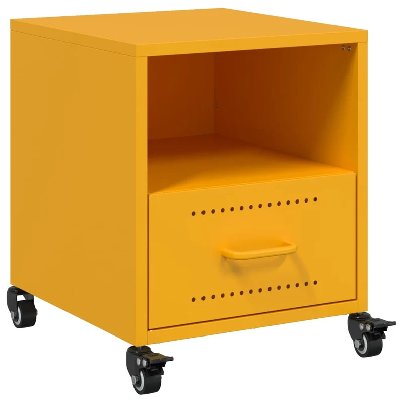 Table de chevet sur roulettes avec tiroir et compartiment ouvert 36 x 39 x 43,5 cm acier jaune DEC034088