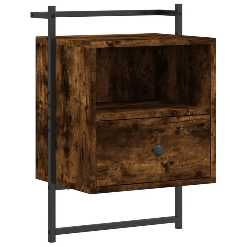 Table de chevet murale avec tiroir et compartiment ouvert 40 x 30 x 61 cm bois d'ingénierie marron et métal DEC034256