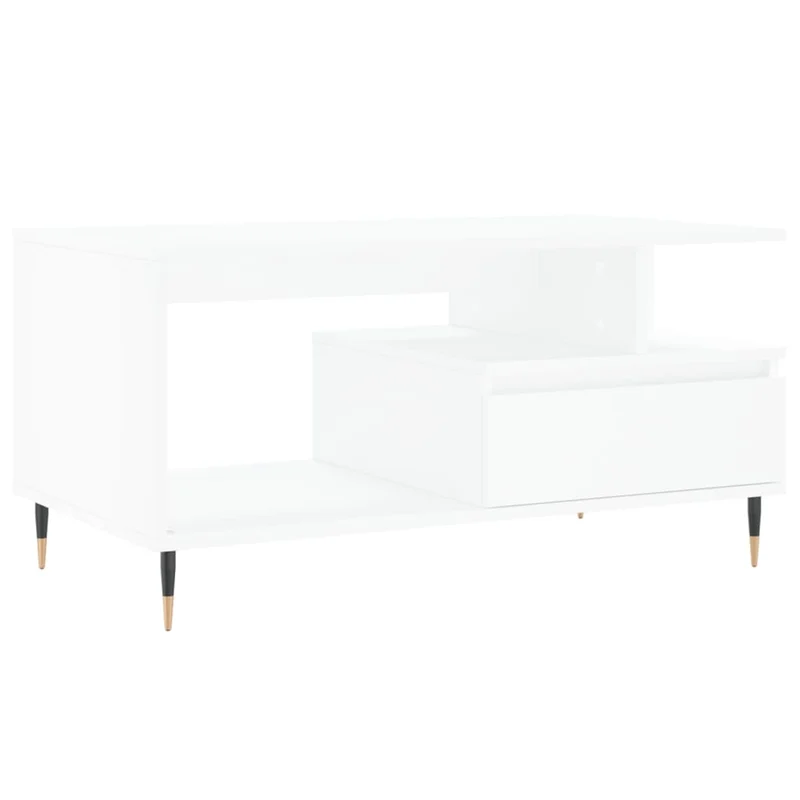Table basse avec tiroir et étagères design moderne 90 x 49 x 45 cm bois d'ingénierie blanc et métal DEC037990