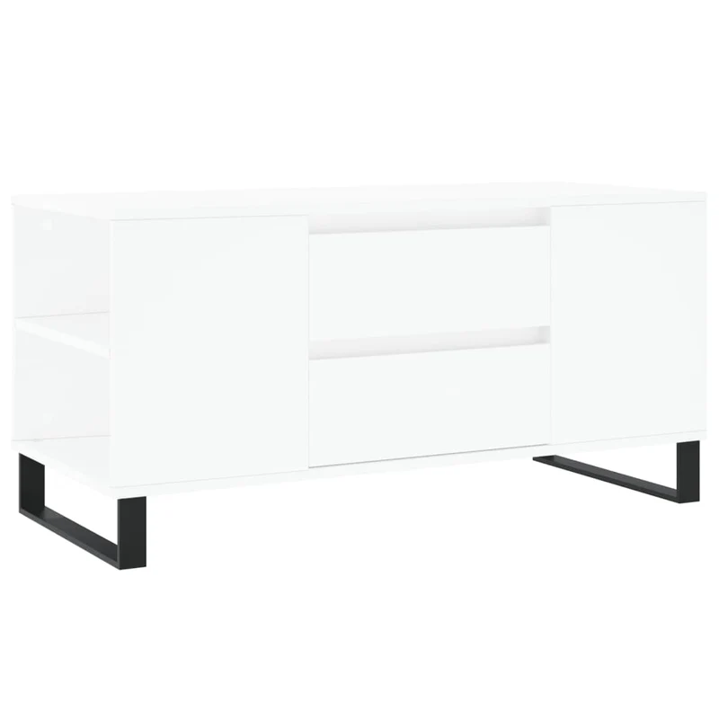 Table basse de salon avec 2 tiroirs et 4 compartiments design moderne 102 x 44,5 x 50 cm bois d'ingénierie blanc et métal DEC037803