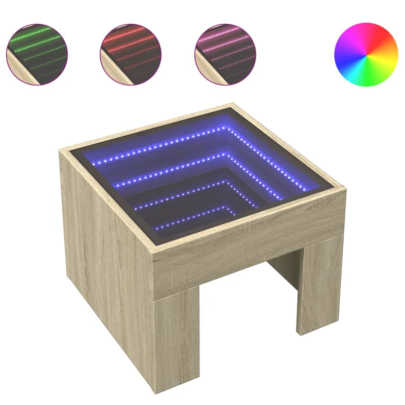 Table basse de salon design moderne avec LED 40 x 40 x 30 cm bois d'ingénierie couleur chêne et verre DEC037477