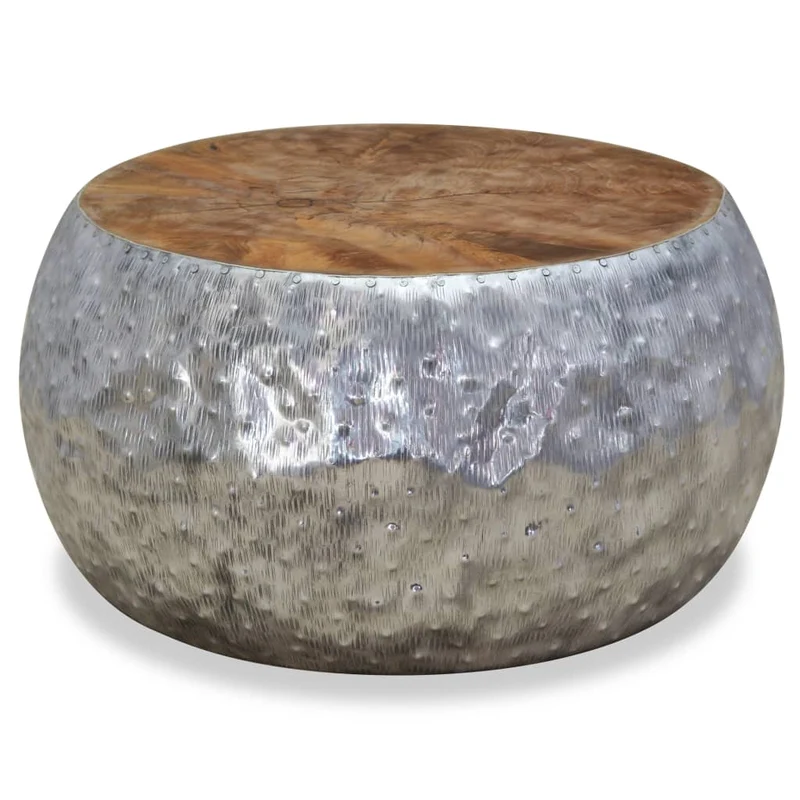 Table basse de salon design moderne Aluminium Teck 60 x 60 x 30 cm argenté et marron DEC037265