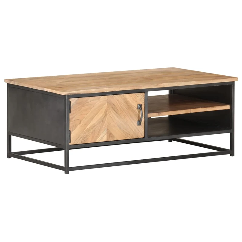 Table basse de salon avec 2 compartiments ouverts et 1 porte 90 x 50 x 35 cm bois d'acacia massif acier DEC037224