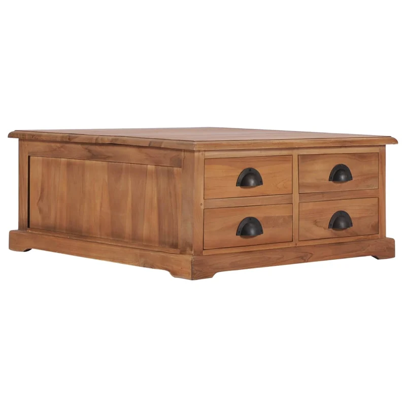 Table basse de salon avec 4 tiroirs design rustique 68 x 68 x 30 cm bois de teck solide DEC037118