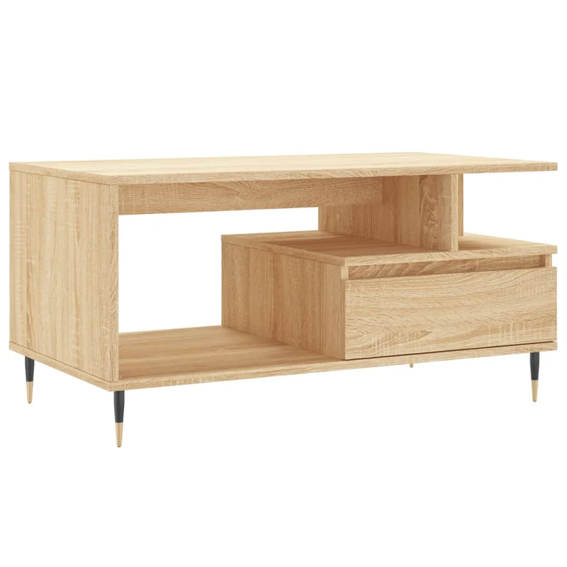Table basse avec tiroir et étagèr design rustique 90 x 49 x 45 cm bois d'ingénierie couleur chêne et métal DEC039031