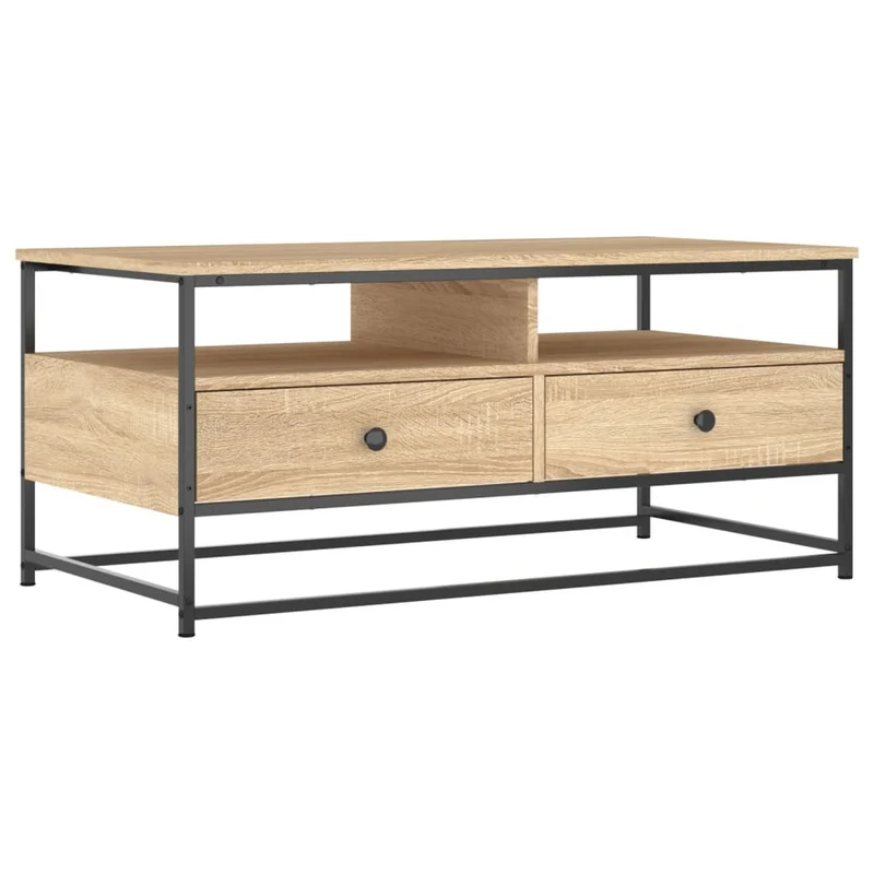 Table basse avc tiroirs et étagère design rustique moderne 100 x 51 x 45 cm bois d'ingénierie couleur chêne et métal DEC038879