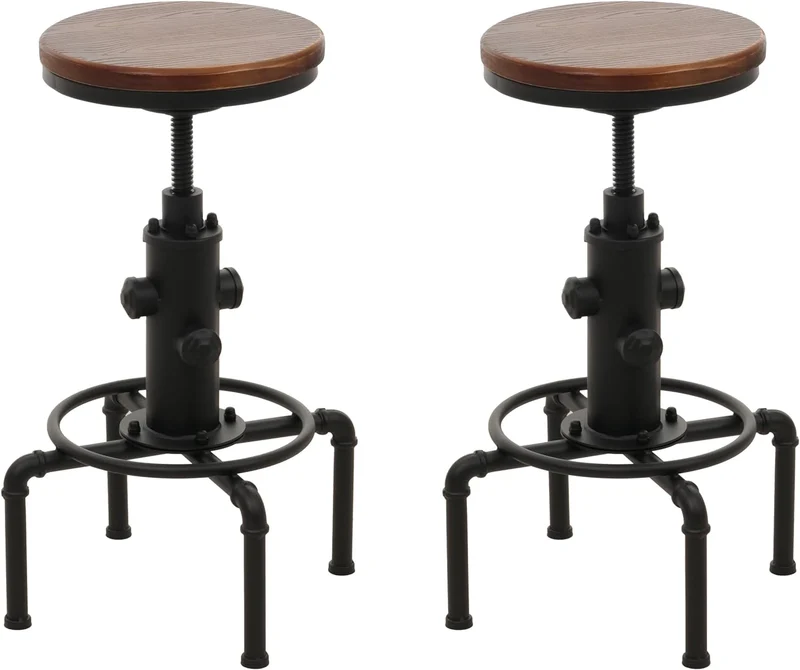 Lot de 2 tabourets de bar chaise haute design industriel réglable en hauteur avec repose-pieds rotatif en acier et bois massif marron TDB04087