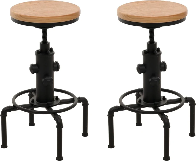 Lot de 2 tabourets de bar chaise haute design industriel réglable en hauteur avec repose-pieds rotatif en acier et bois massif naturel TDB04086