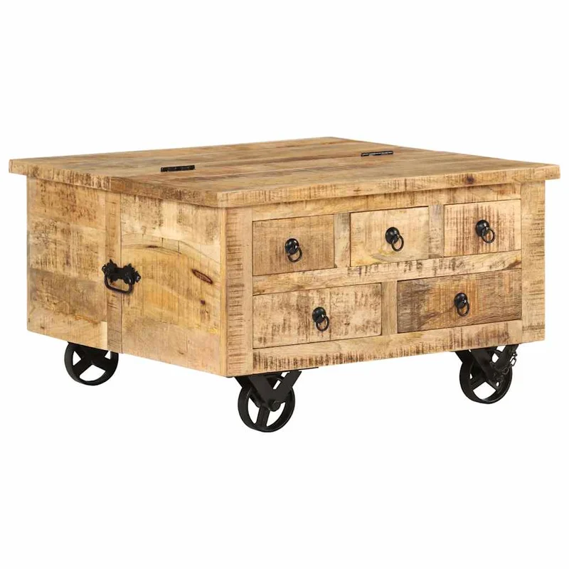 Table basse sur roulettes 5 tiroirs et 1 grand compartiment style vintage rustique en bois de manguier 70 x 70 x 40 cm DEC038233