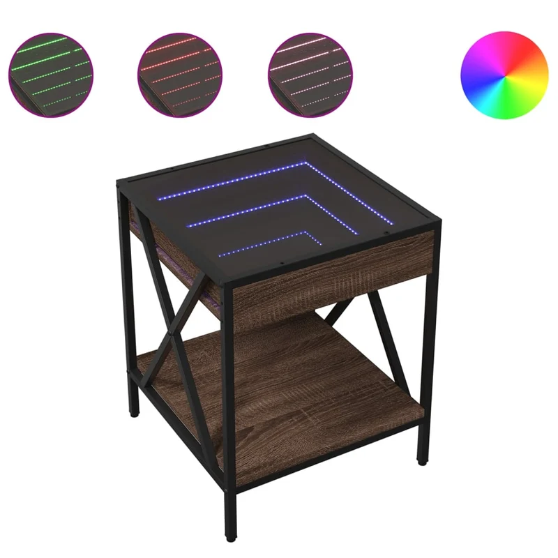 Table basse de salon avec étagère design moderne avec LED 40 x 40 x 49 cm bois d'ingénierie marron verre et métal DEC037551