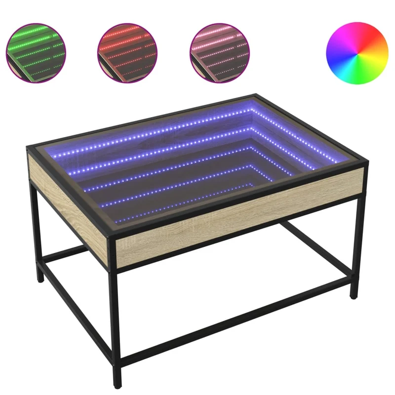 Table basse de salon design moderne avec LED 70 x 50 x 41 cm bois d'ingénierie couleur chêne et verre DEC037486