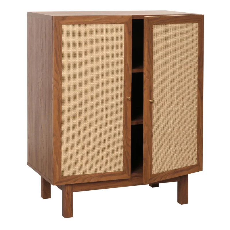 Buffet avec 3 compartiments de rangement en bois de manguier kubu rotin 98x79x42 cm aspect noyer 04_0005980