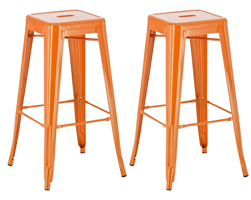 Lot de 2 tabourets de bar style industriel en métal avec repose-pieds orange TDB10120