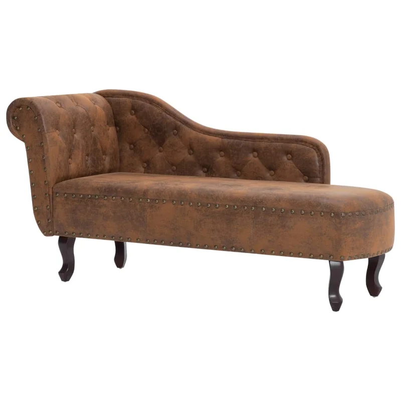 Méridienne chaise longue canapé dossier accudoir capitonné pour intérieur en PVC aspect daim marron DEC026202