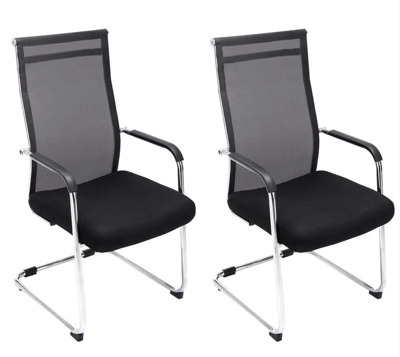 Lot de 2 fauteuils de bureau chaises visiteur avec accoudoirs en maille noir et métal chromé 10_0001889