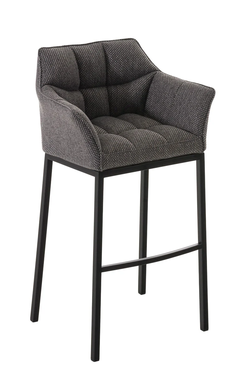 Tabouret de bar chaise haute de comptoir couture carrées assise en tissu gris titane 4 pieds stables en métal noir 10_0004706