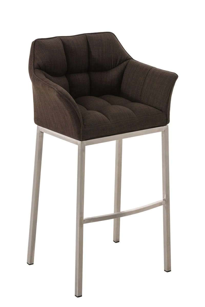 Tabouret de bar chaise haute de comptoir couture carrées assise en tissu marron 4 pieds stables en acier inoxydable 10_0004721
