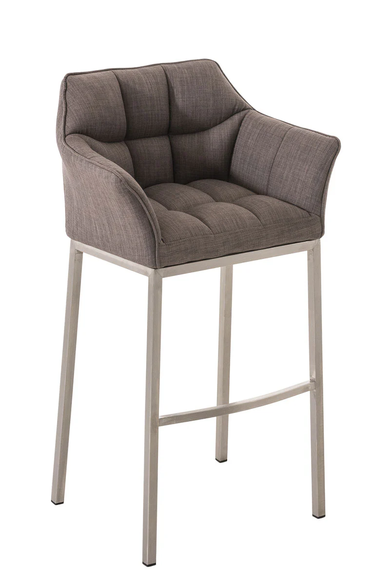 Tabouret de bar chaise haute de comptoir couture carrées assise en tissu gris 4 pieds stables en acier inoxydable 10_0004724
