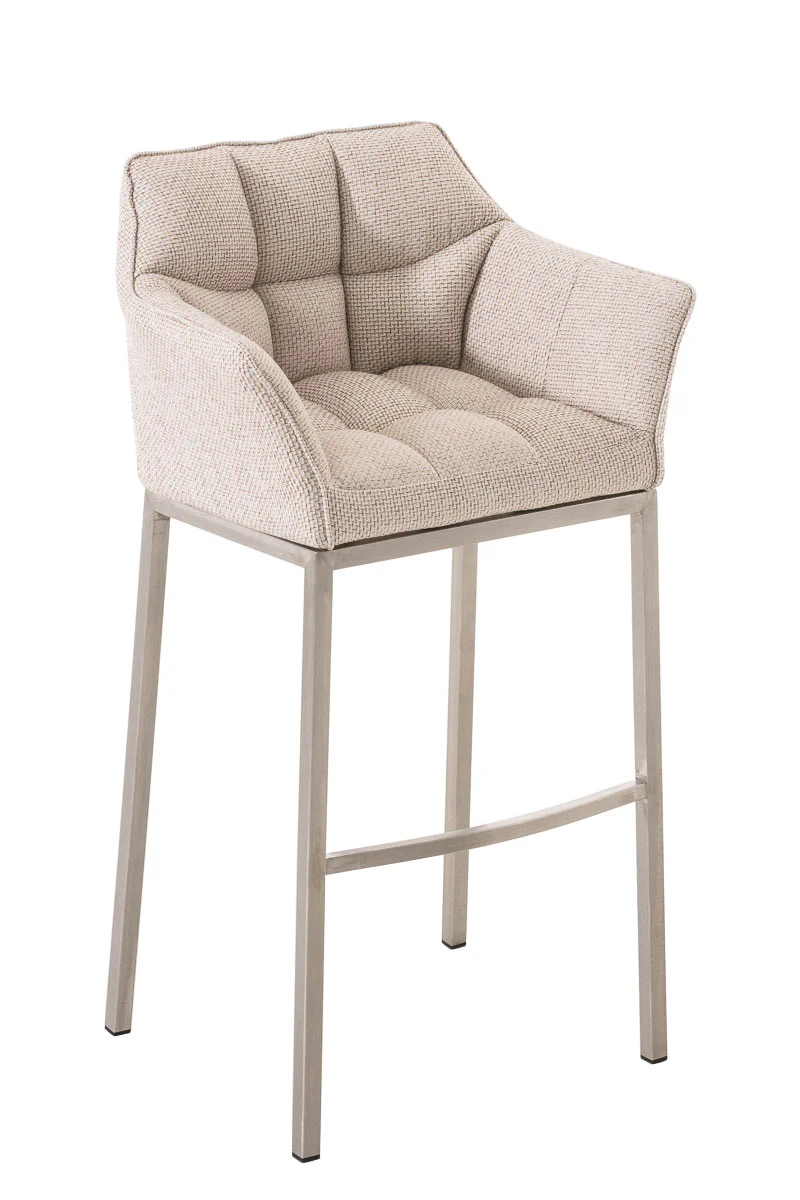Tabouret de bar chaise haute de comptoir couture carrées assise en tissu crème 4 pieds stables en acier inoxydable 10_0004719
