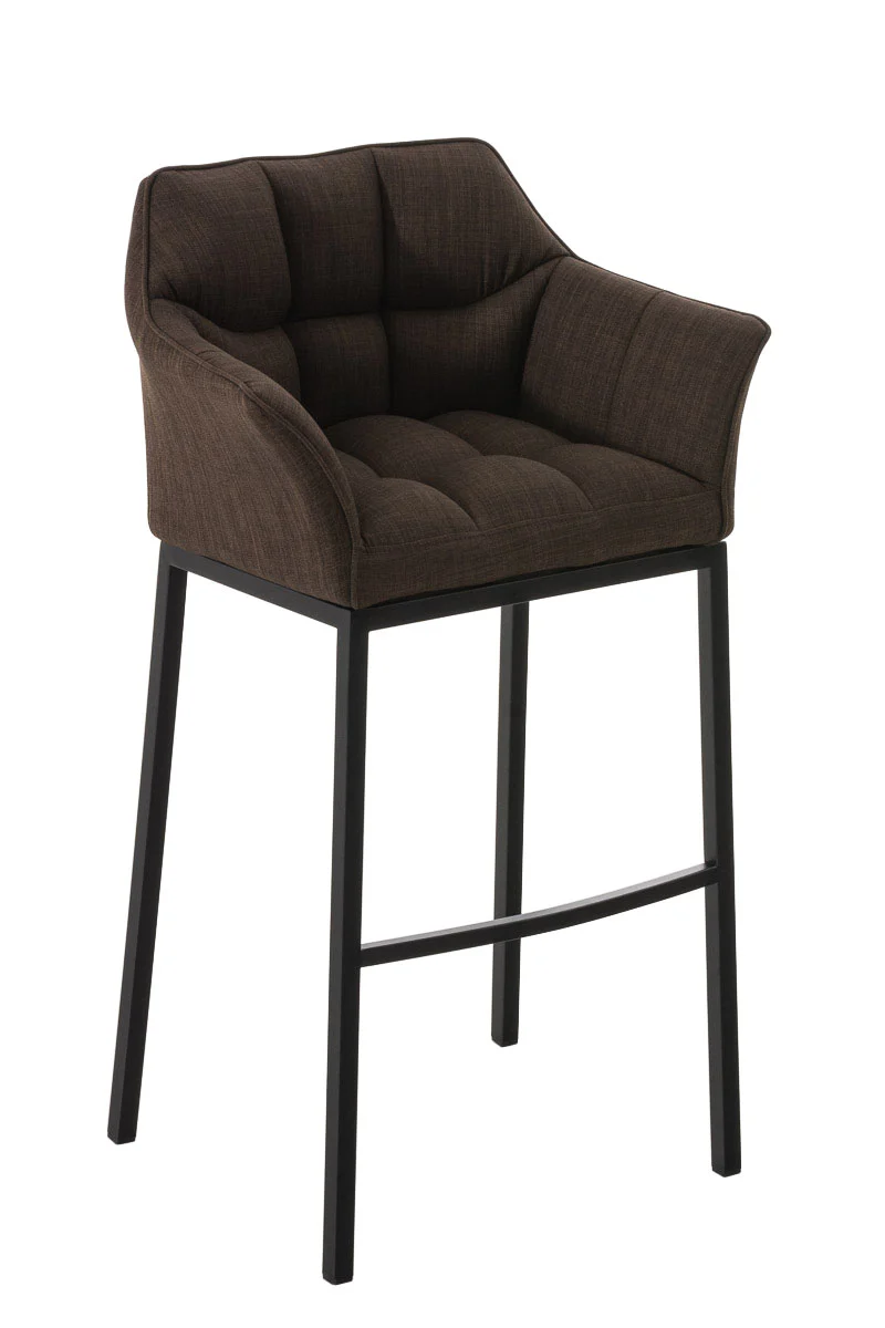 Tabouret de bar chaise haute de comptoir couture carrées assise en tissu marron 4 pieds stables en métal noir 10_0004702
