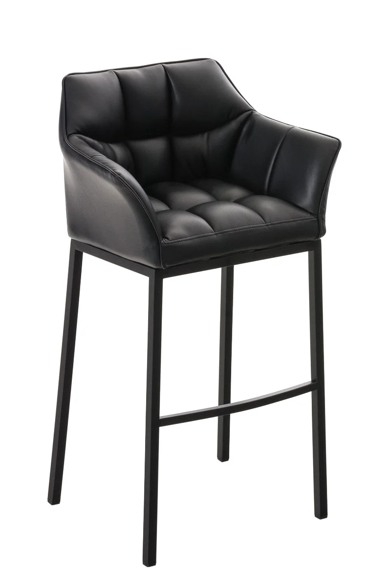 Tabouret de bar chaise haute de comptoir couture carrées assise en PVC noir 4 pieds stables en métal noir 10_0004684