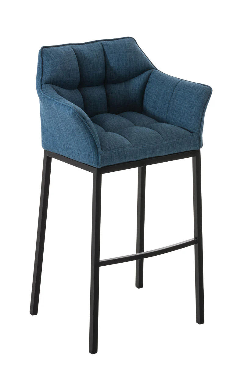 Tabouret de bar chaise haute de comptoir couture carrées assise en tissu bleu 4 pieds stables en métal noir 10_0004701