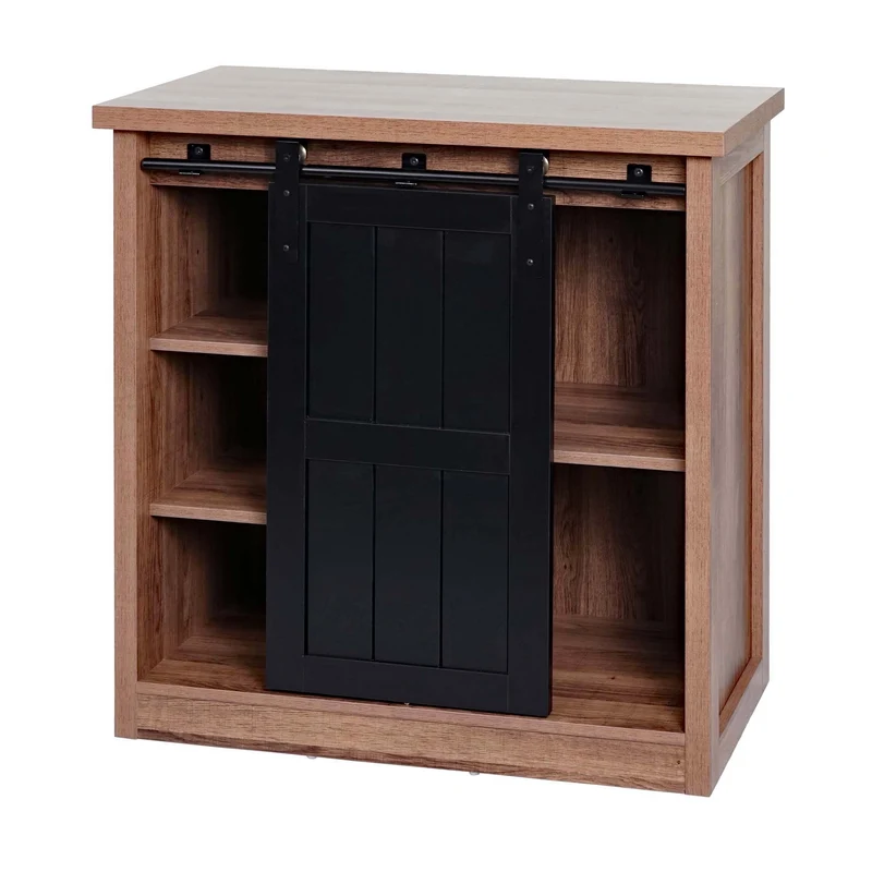 Commode avec porte coulissante et 5 compartiments aspect bois métal industriel 84x80x40 cm marron 04_0006501