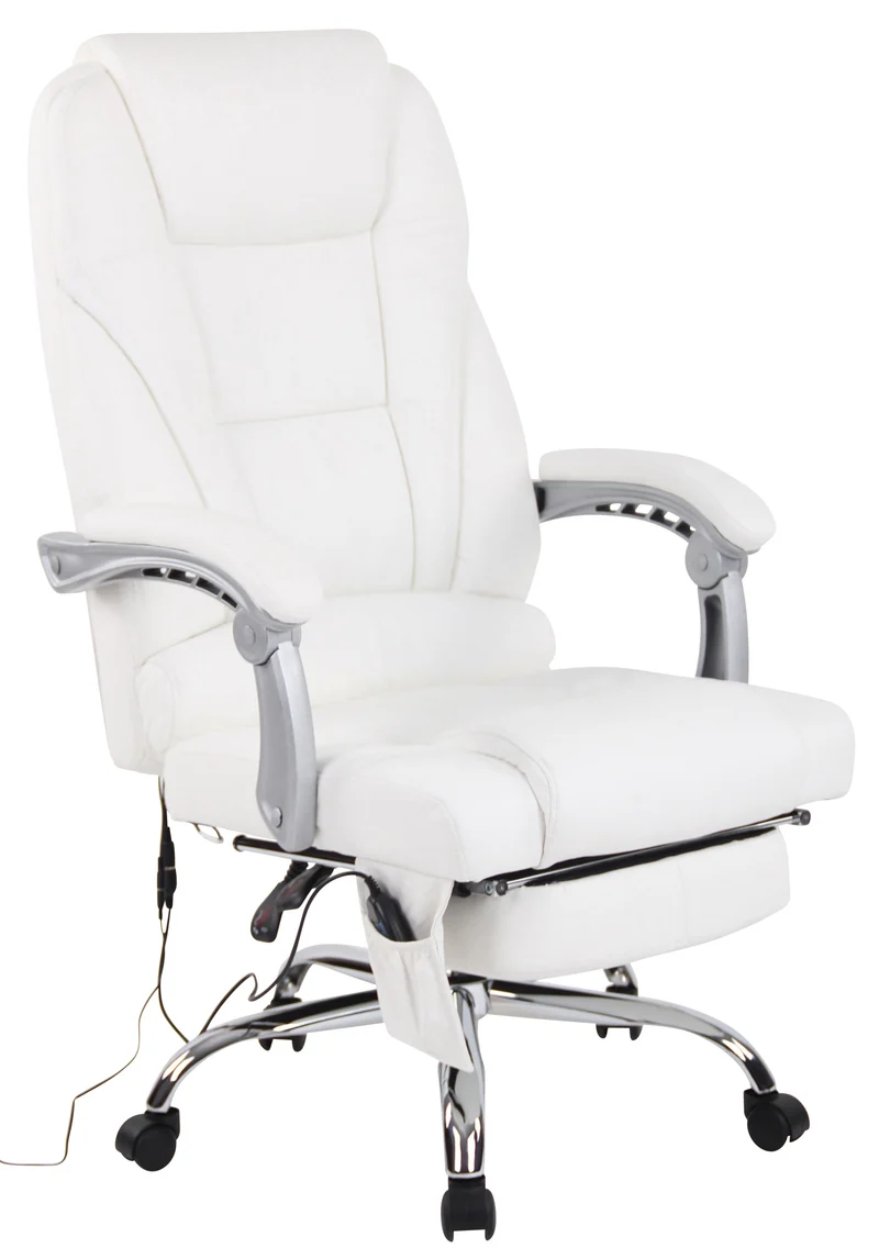 Fauteuil de bureau avec fonction massage et repose-pieds ajustables en véritable cuir blanc 10_0002576