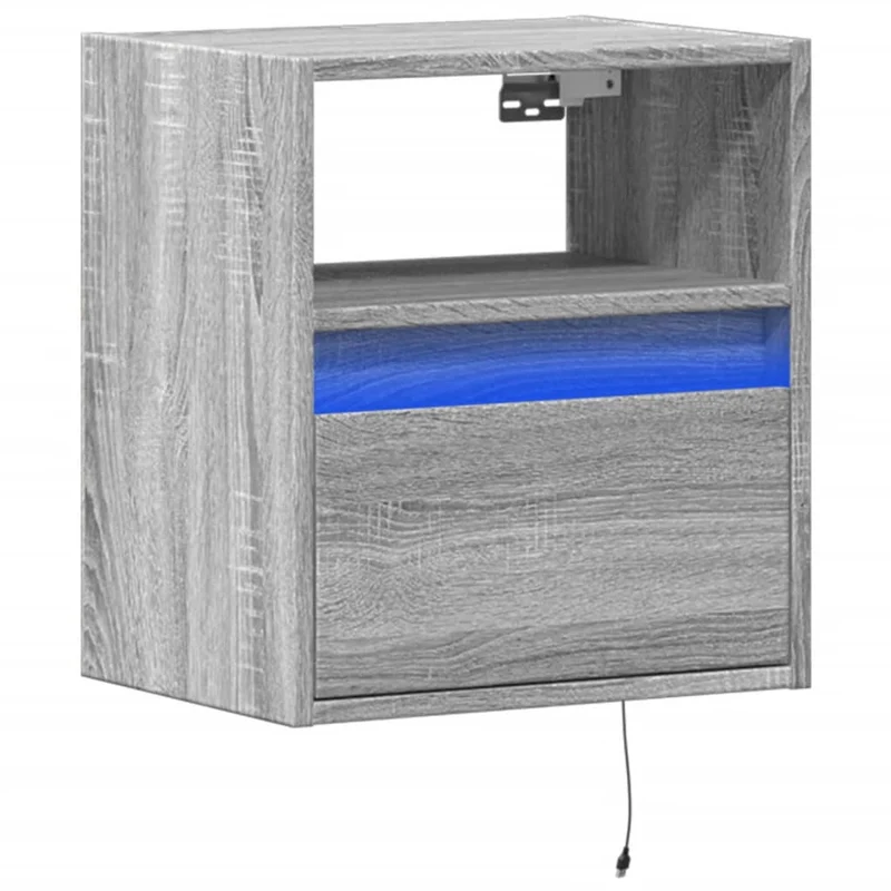 Table de chevet murale avec lumières LED avec tiroir 41 x 31 x 45 cm bois d'ingénierie gris DEC034214