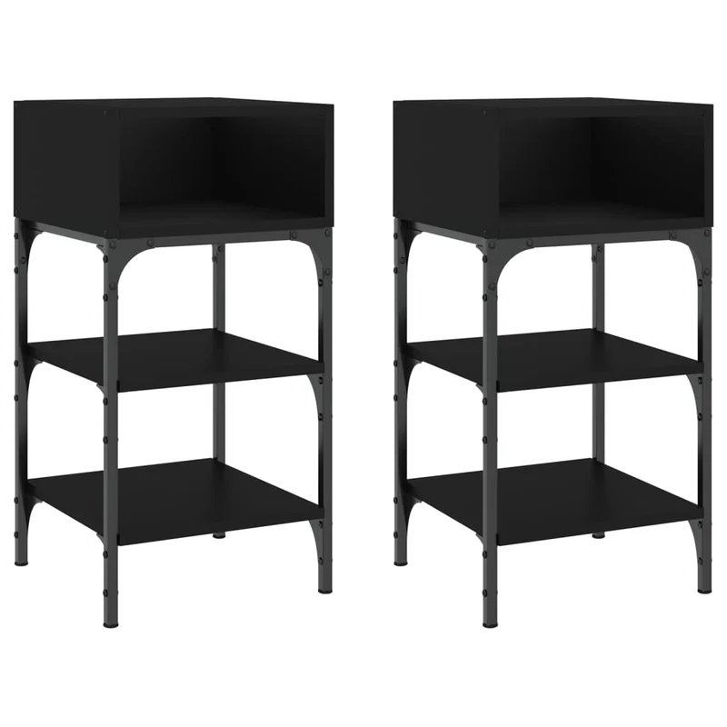 Lot de 2 tables de chevet avec étagères et compartiment ouvert 35 x 34,5 x 70 cm bois d'ingénierie noir et fer DEC035472