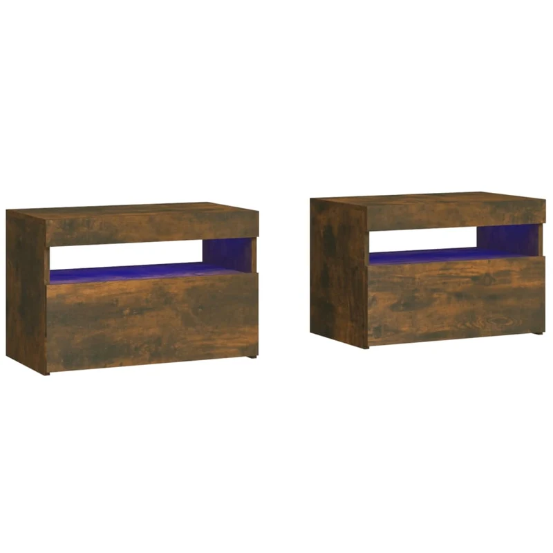 Lot de 2 tables de chevet avec lumière LED avec compartiment avec porte 60 x 35 x 40 cm bois d'ingénierie marron DEC035302