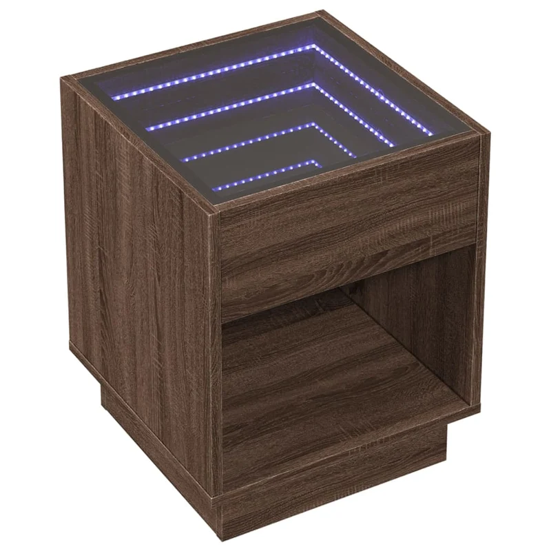 Table de chevet avec lumière LED et compartiment ouvert 40 x 40 x 50 cm bois d'ingénierie marron et verre DEC033139