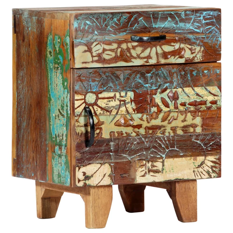 Table de chevet avec 1 tiroir et 1 porte avec motif sculpté à la main 40 x 30 x 50cm bois récupération multicolore DEC034572