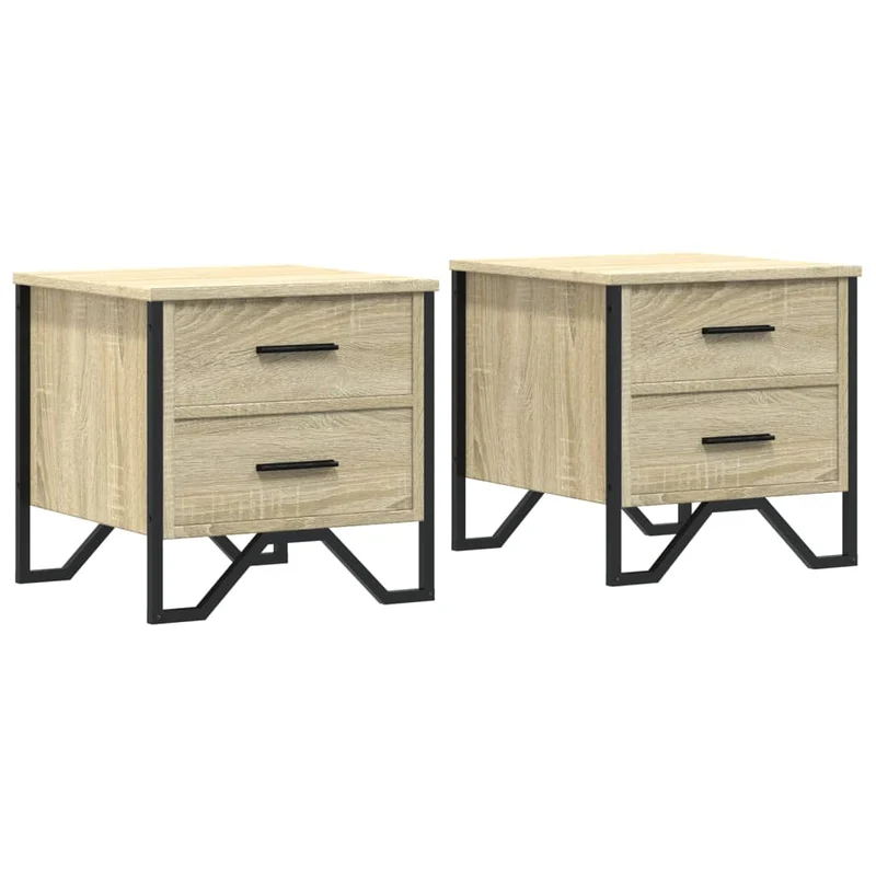 Lot de 2 tables de chevet avec deux tiroirs 40 x 41 x 40 cm bois ingénierie couleur chêne et métal DEC035280