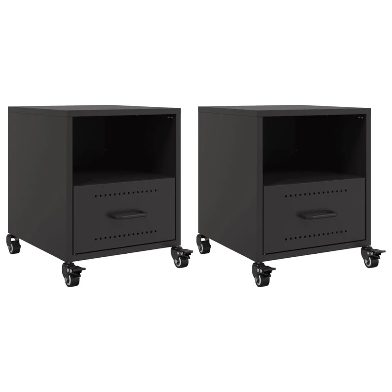 Lot de 2 tables de chevet sur roulettes avec tiroir et compartiment ouvert 36 x 39 x 43,5 cm acier noir DEC035478