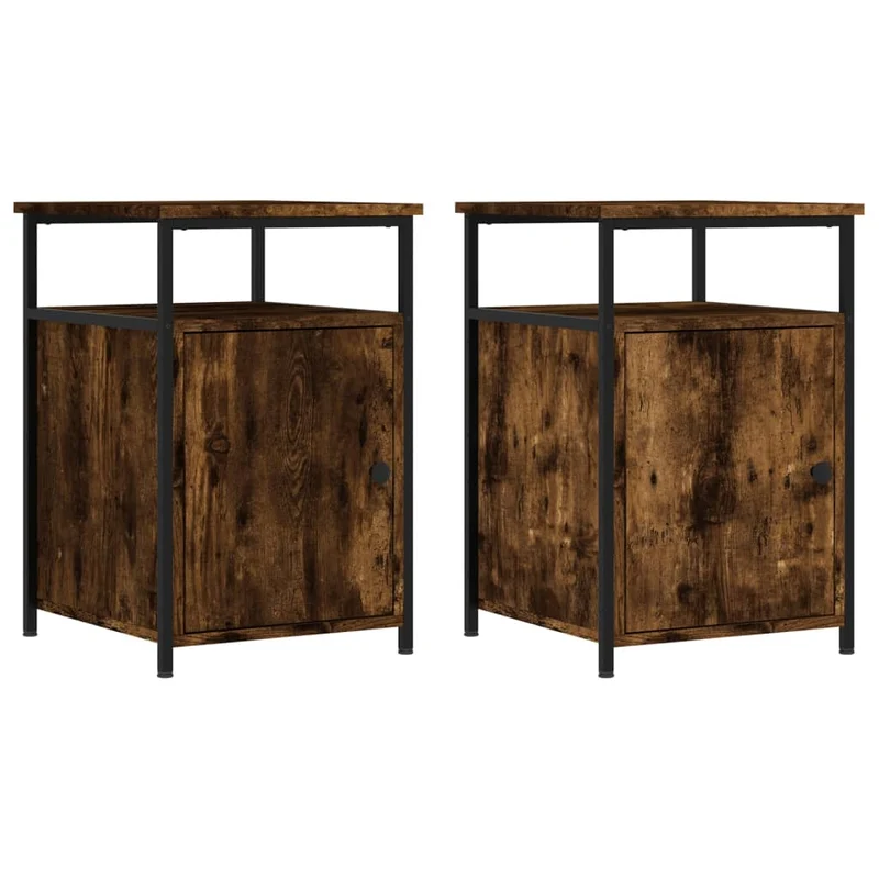 Lot de 2 tables de chevet avec compartiment avec porte 40 x 42 x 60 cm bois d'ingénierie marron et fer DEC035137