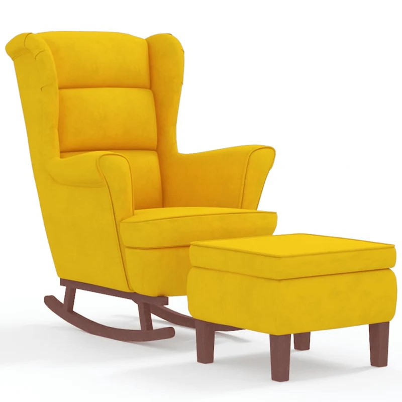 Fauteuil à bascule d'allaitement rembourré avec repose-pieds pieds en bois et siège en velours jaune DEC028760