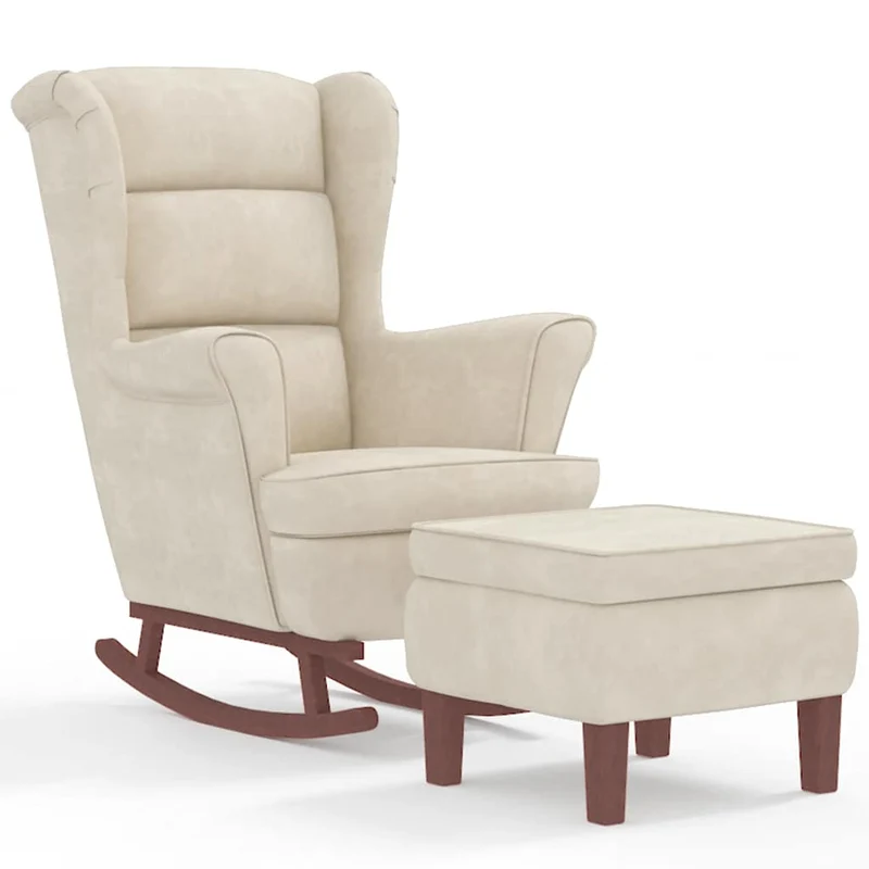 Fauteuil à bascule d'allaitement rembourré avec repose-pieds pieds en bois et siège velours crème DEC028754
