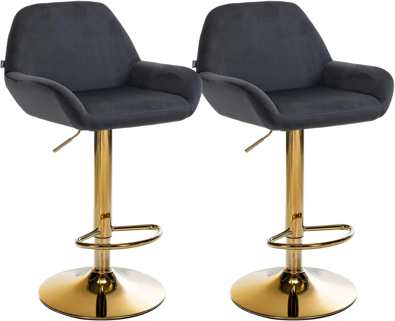 Lot de 2 tabourets de bar repose-pieds intégré revêtement velours noir structure en métal doré TDB10738