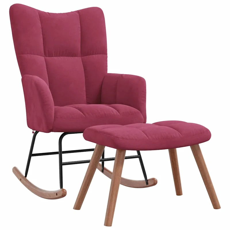Fauteuil à bascule d'allaitement rembourré relax pour salon avec repose-pied en velours rouge bordeaux DEC028844