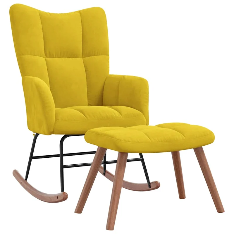 Fauteuil à bascule d'allaitement rembourré relax pour salon avec repose-pied en velours jaune moutarde DEC028815