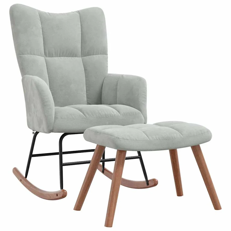 Fauteuil à bascule d'allaitement rembourré relax pour salon avec repose-pied en velours gris clair DEC028788