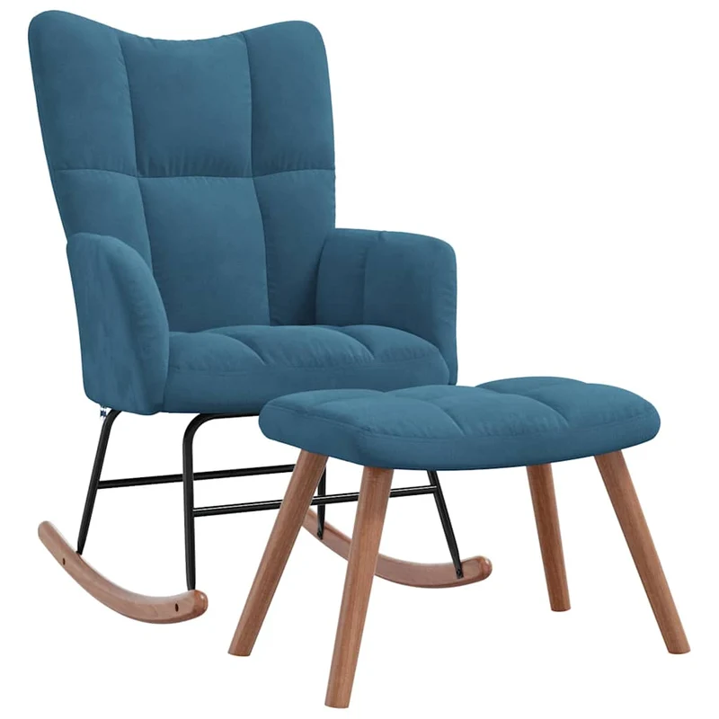 Fauteuil à bascule d'allaitement rembourré relax pour salon avec repose-pied en velours bleu DEC028775