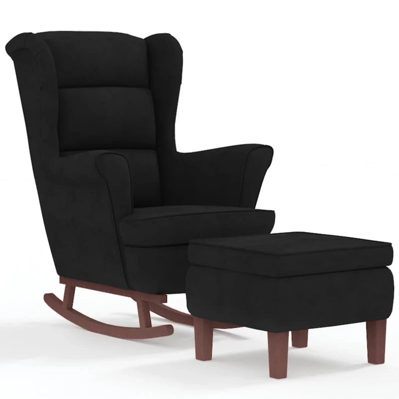 Fauteuil à bascule d'allaitement avec repose-pieds rembourré relax pour salon avec pieds en bois et velours noir DEC028764