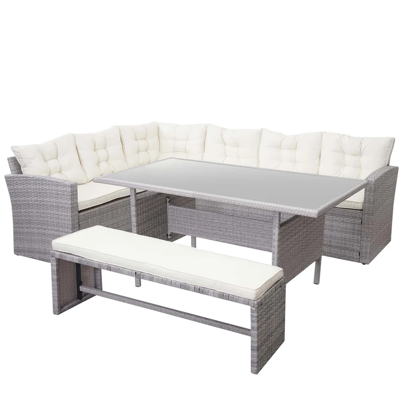 Ensemble complet de salon de jardin terrasse balcon véranda en polyrotin gris clair coussin crème avec banc 04_0004173