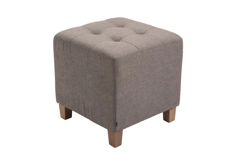 Tabouret bas repose-pieds pouf capitonné en tissu taupe pieds en bois 45x46 cm 10_0000143