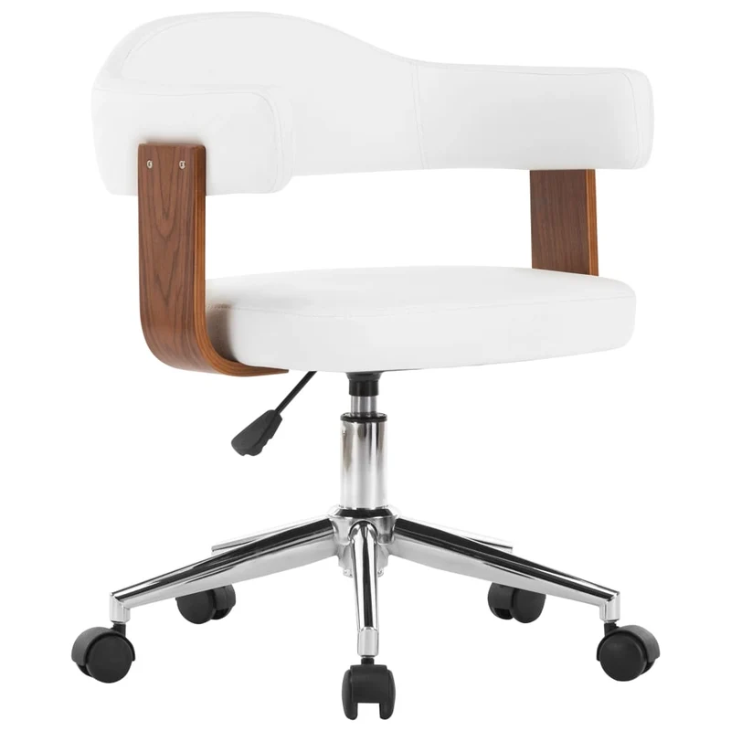 Chaise pivotante de bureau sur roulettes hauteur réglable en bois courbé et PVC blanc DEC025132