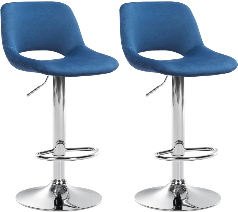 Tabourets de bar chaises haute x2 avec repose-pieds en velours bleu piètement métallique chromé 10_0004073