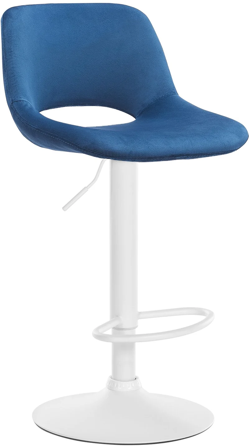 Tabouret de bar chaise haute x1 avec repose-pieds en velours bleu piètement métallique blanc 10_0004605